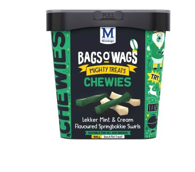 Montego Bags O’ Wags Lekker Mint & Cream Flavoured Springbokkie Swirls Dog Treat 500g